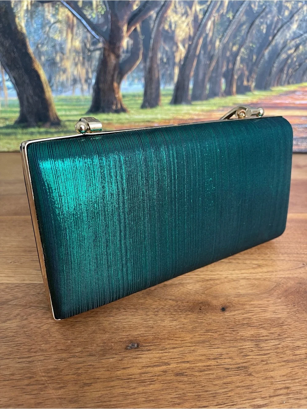 Elegant emerald green Satin Evening Clutch with Gold Handle
